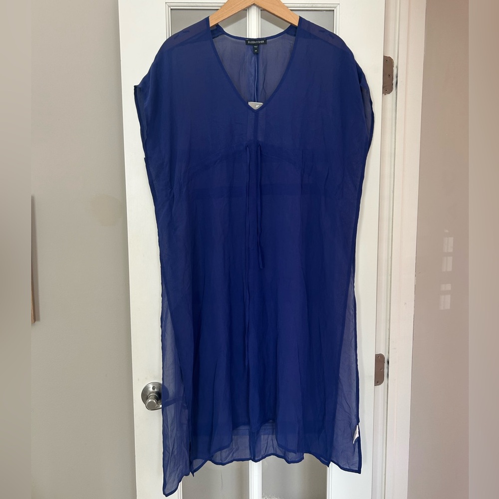NWT Eileen Fisher 100% Silk Sapphire Blue Swimsuit Cover Sheer Dress Size XS